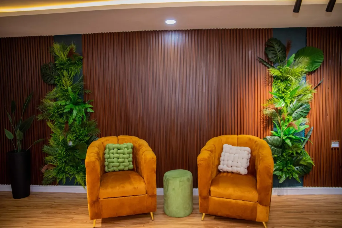 Mustard armchairs on the studio set