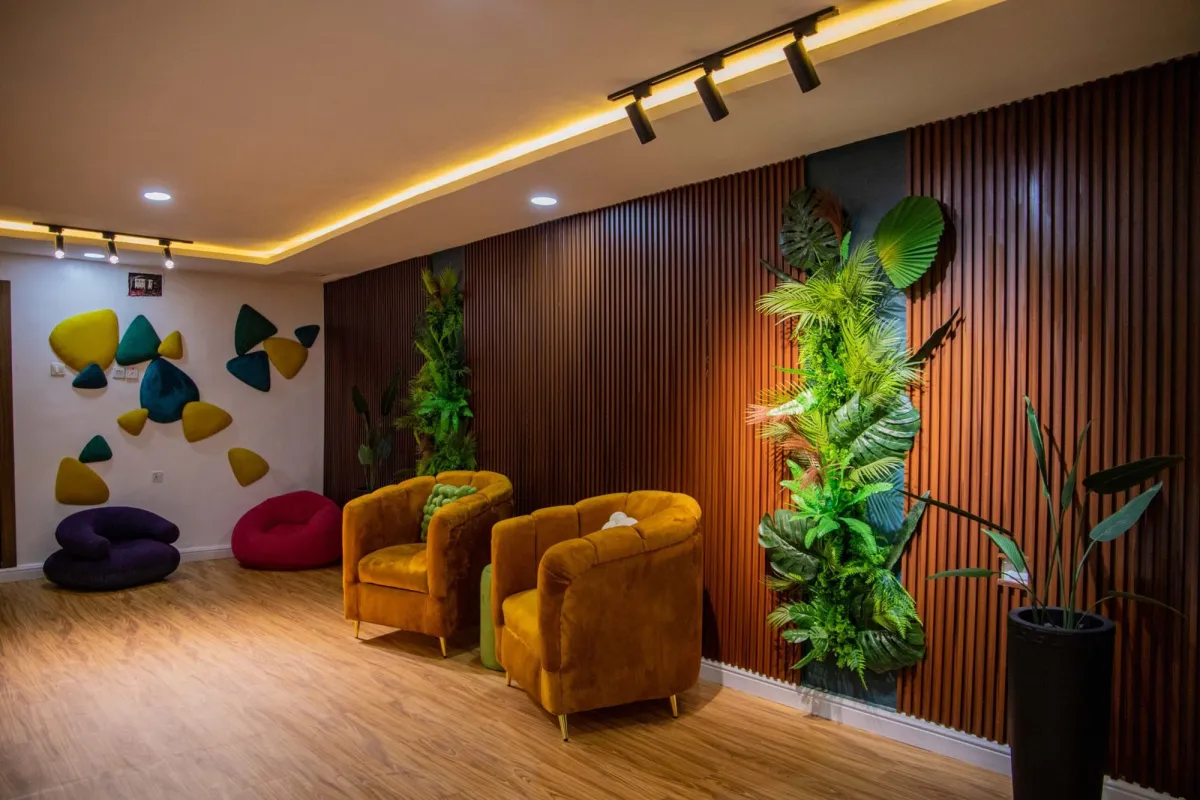 Wood panelling and greenery in the content studio